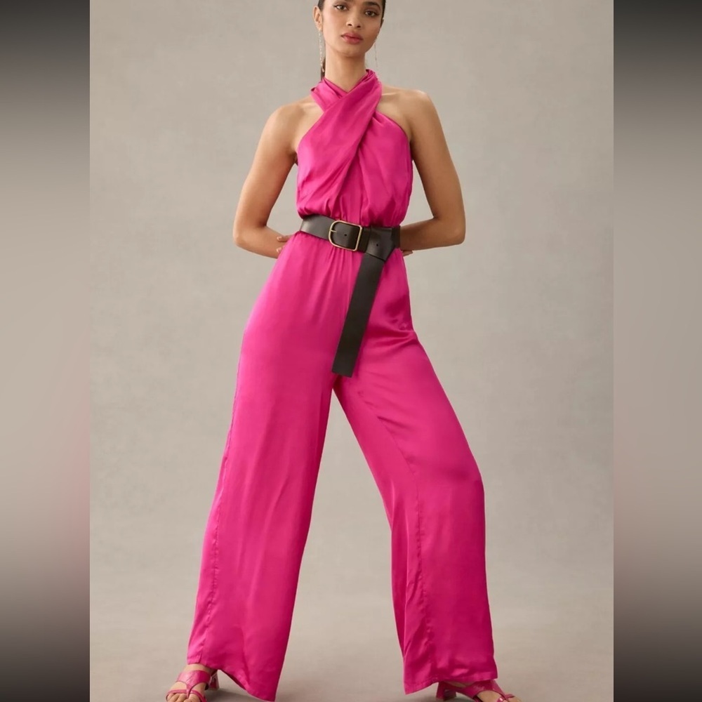 Anthropologie DOLAN Left Coast Pink Satin Halter Jumpsuit Size XS NWT